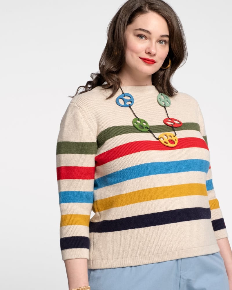 Front of a model wearing a size 2X Boatman Sweater Natural Multi in Natural by Frances Valentine. | dia_product_style_image_id:242828